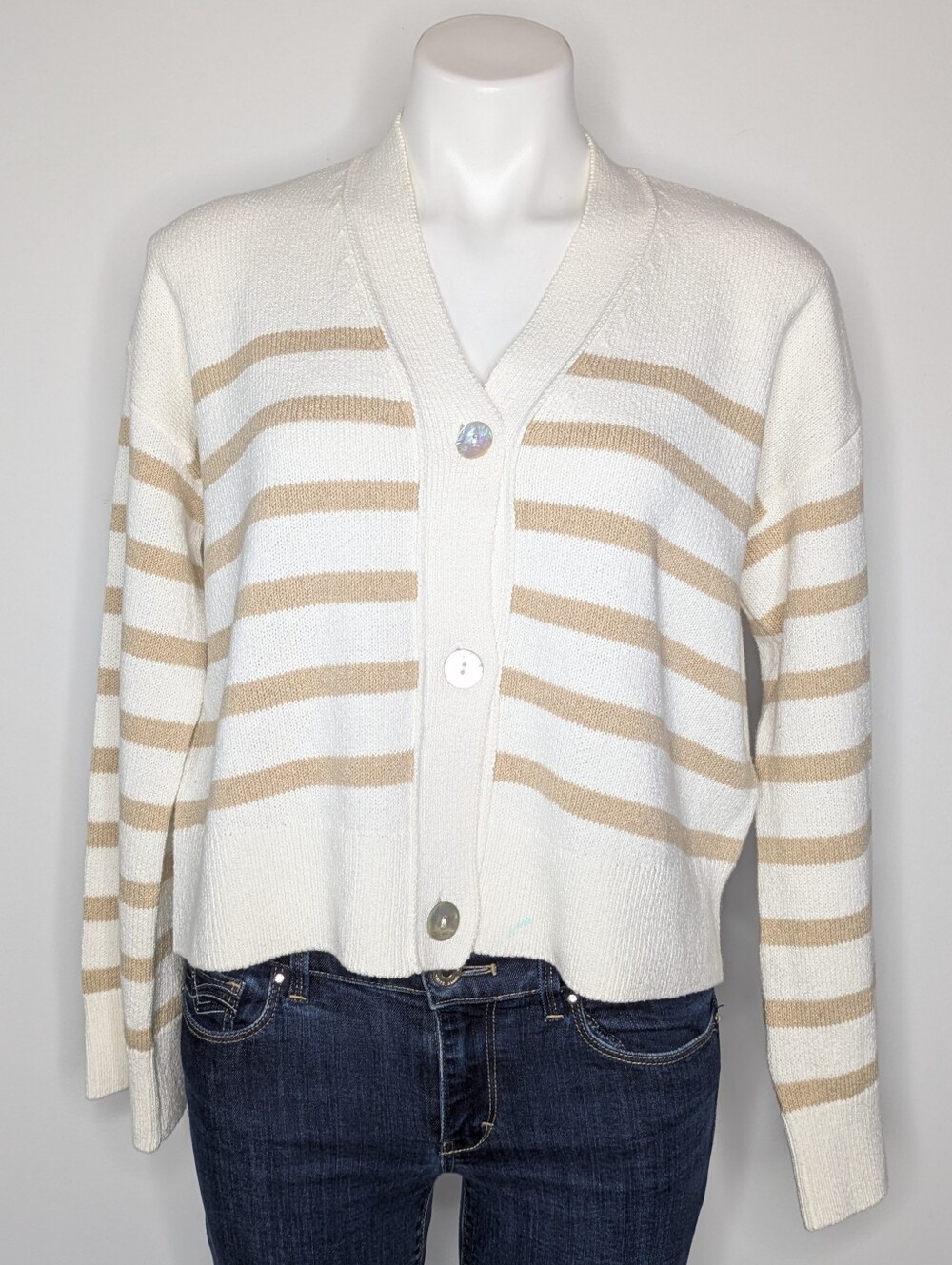 Rails Geneva Sand Stripe White Tan Cotton Blend Button Up Cardigan Sweater S